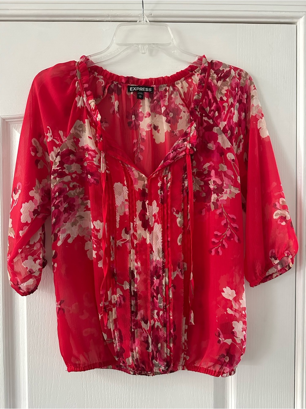 Like New! Express Red Floral Sheer Peasant Blouse